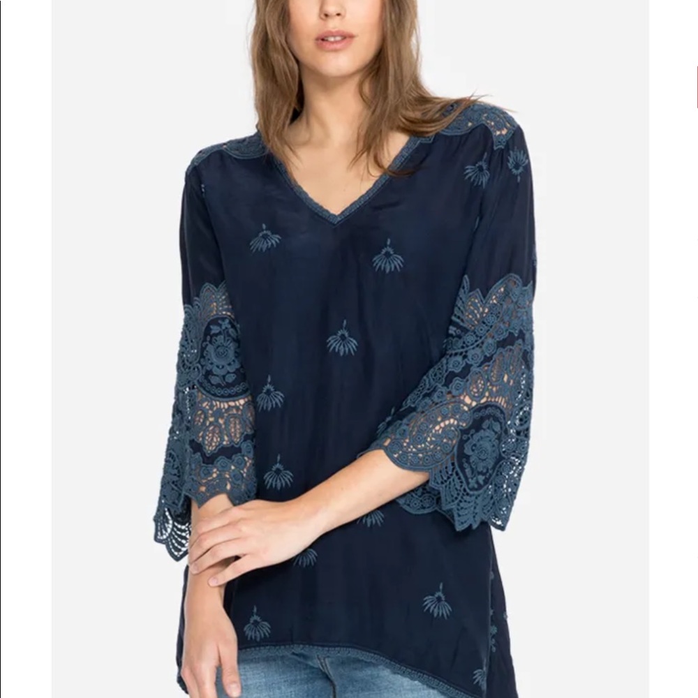 Johnny was navy embroidered jay v-neck top